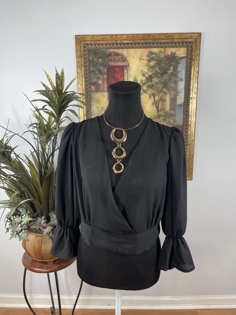 SHEIN Black Wrap Blouse Size Large Bell Sleeve Tie Back V Neck Party Top Y2K